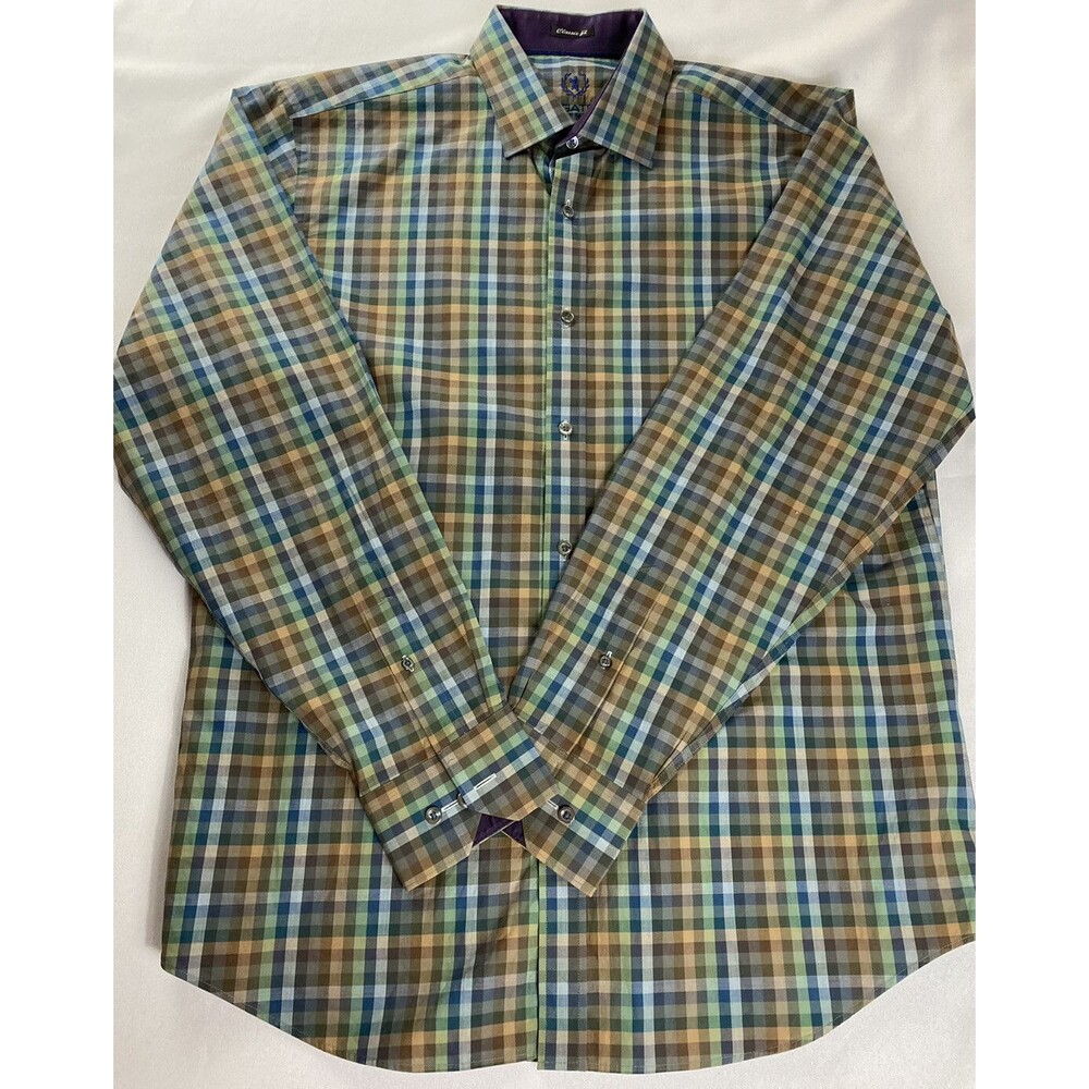 Bugatchi Mens Classic Fit Long Sleeve Multicolor Check Button Up Shirt Size L